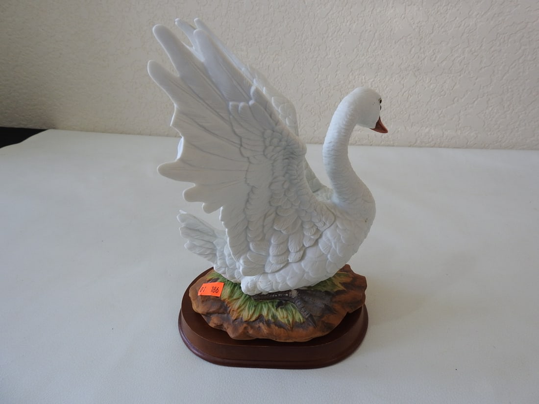 Andrea by Sadek Porcelain Mute Swan Figurine: Vintage Andrea by Sadek bisque porcelain mute swan figurine on wooden base. Approx. 9.5 x 7 x 6 in.