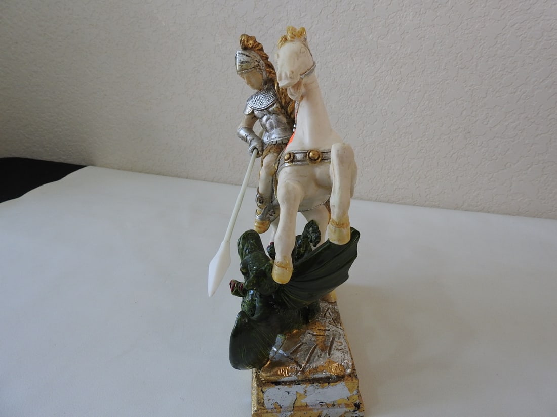 Faux Marble Saint George Slaying Dragon Statue - 6