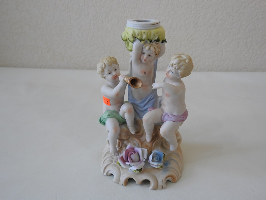 Vintage Cherub Candle Holder Porcelain: Japanese Import Bisque hand-painted, with Manufacturing Defect. Approx. 7.5 x 5 x 4.5 in.