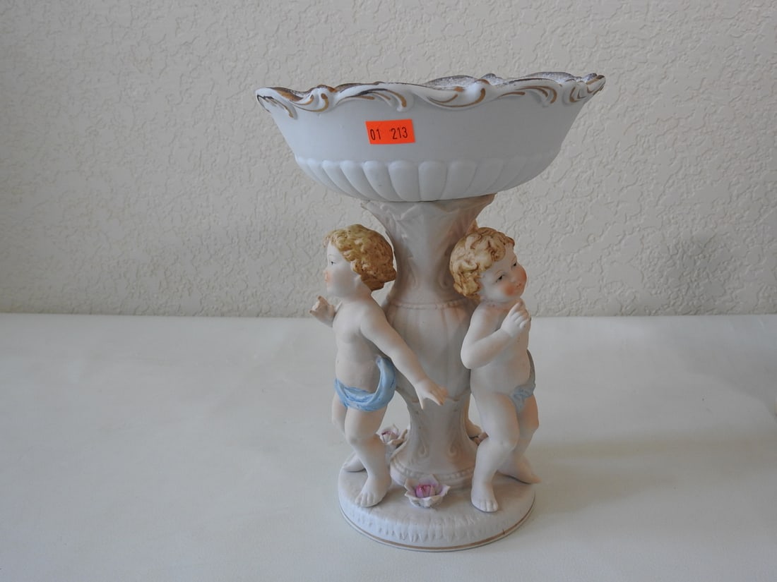 Vintage Cherub Pedestal Candy Dish: Japanese Export, Bisque, hand-painted. Approx. 9.5 x 7 x 7 in.
