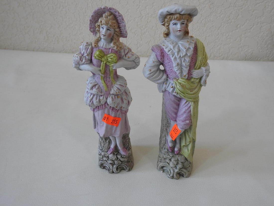 Vintage Porcelain French Couple: Japanese Export, Bisque, hand-painted, gold accented. Approx. 8.5 x 3 x 6 in.