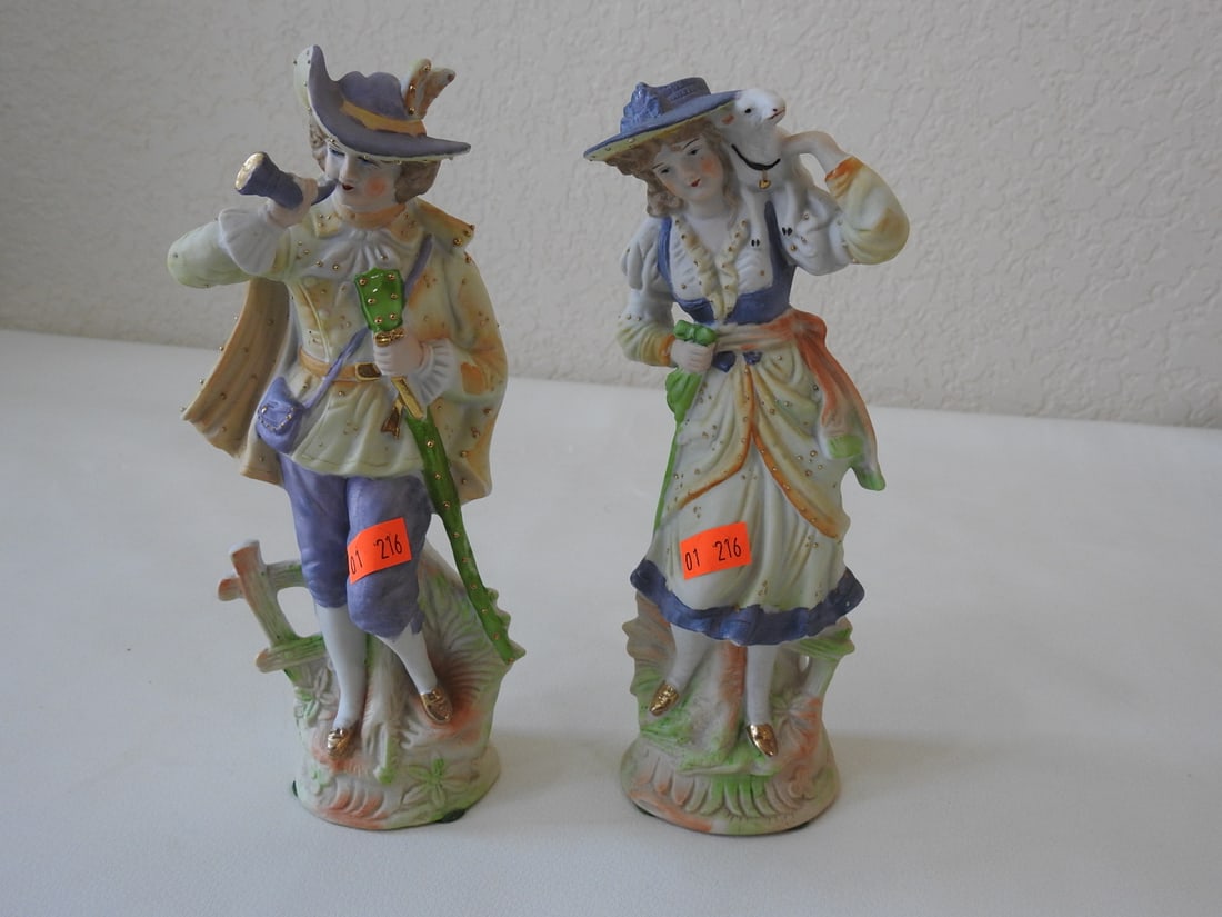 Vintage Porcelain French Couple: Japanese Export, Bisque, hand-painted, gold accented. Approx. 8.5 x 4 x 5.5 in.