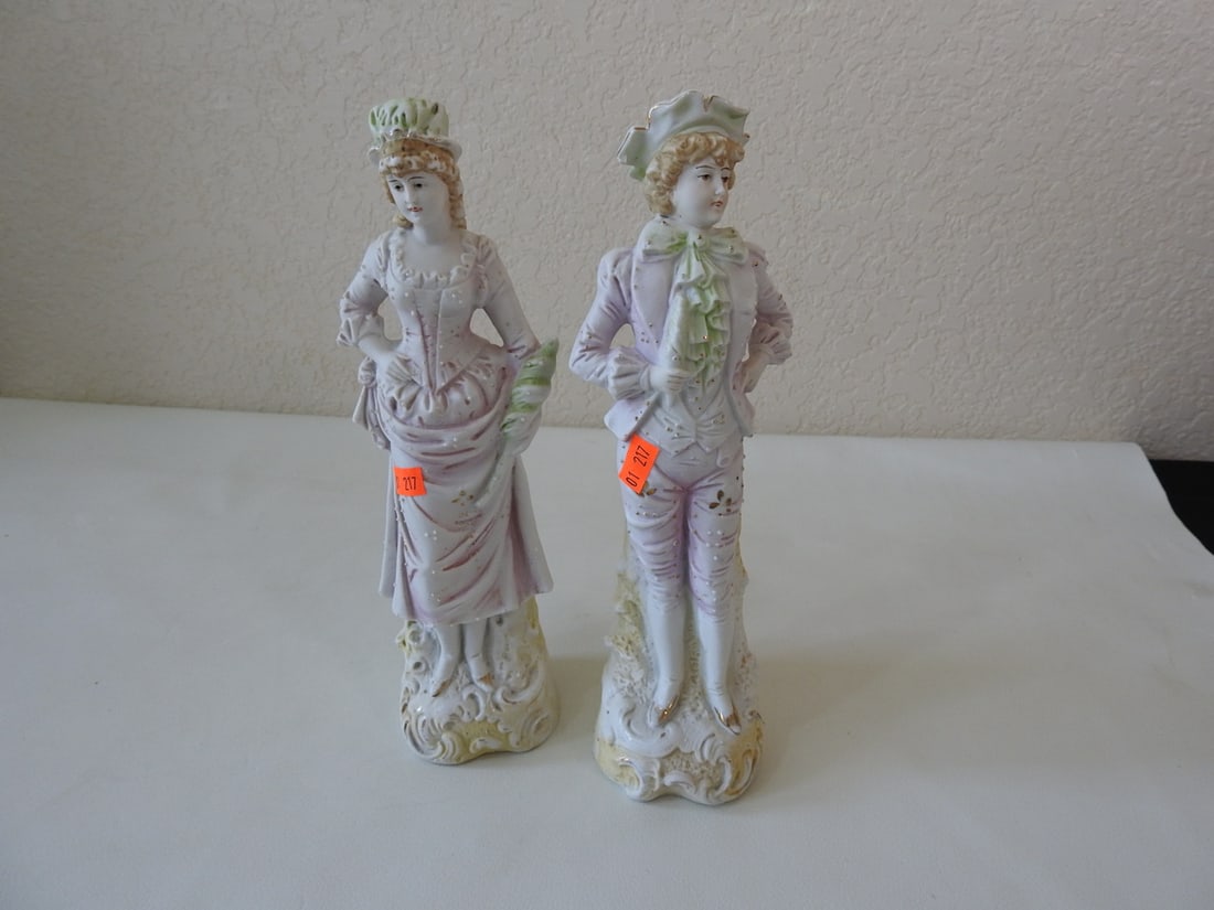 Vintage Porcelain French Couple: Japanese Export, Bisque, hand-painted, gold accented. Approx. 10.75 x 4 x 6 in.