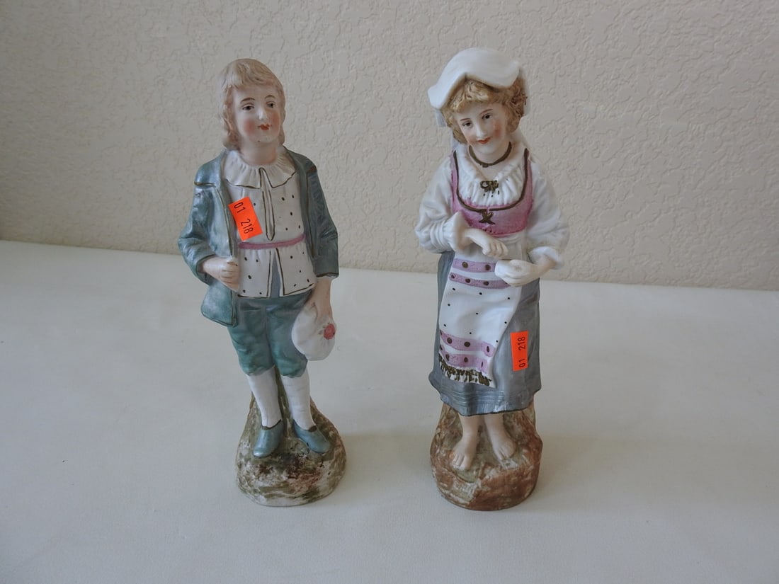 Vintage Porcelain Victorian Peasant Couple: Japanese Export, Bisque, hand-painted, gold accented. Approx. 10 x 3.5 x 6 in.