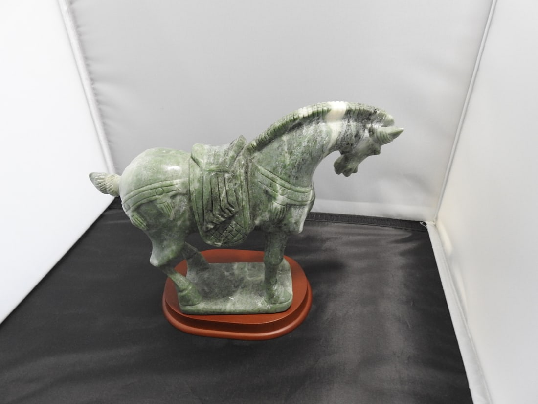 Carved Green Marble Tang Dynasty Horse on Wood Base - 2
