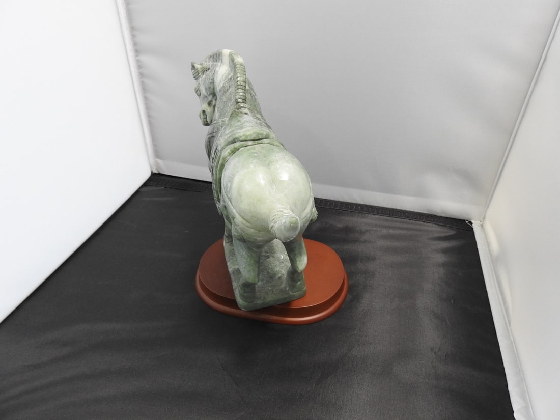 Carved Green Marble Tang Dynasty Horse on Wood Base - 3