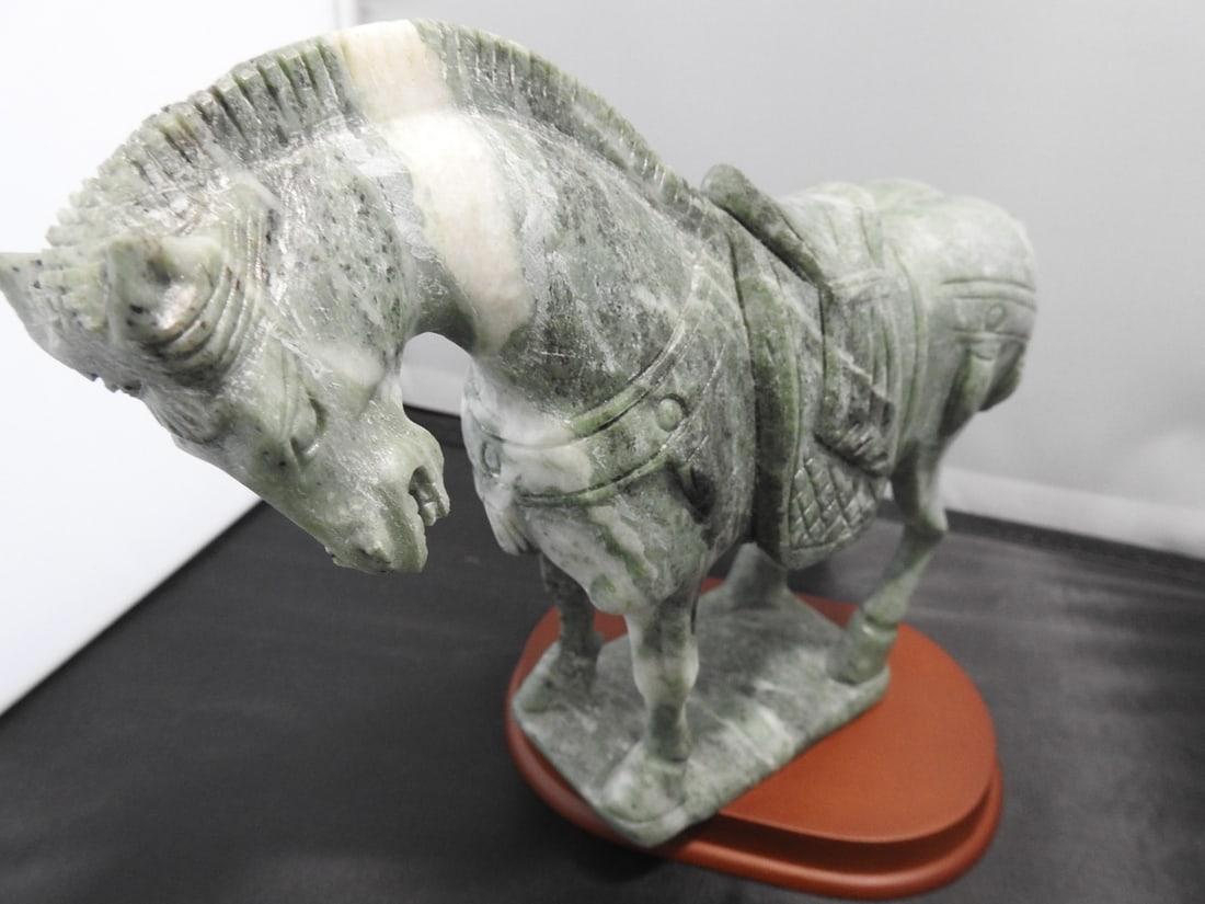 Carved Green Marble Tang Dynasty Horse on Wood Base - 5
