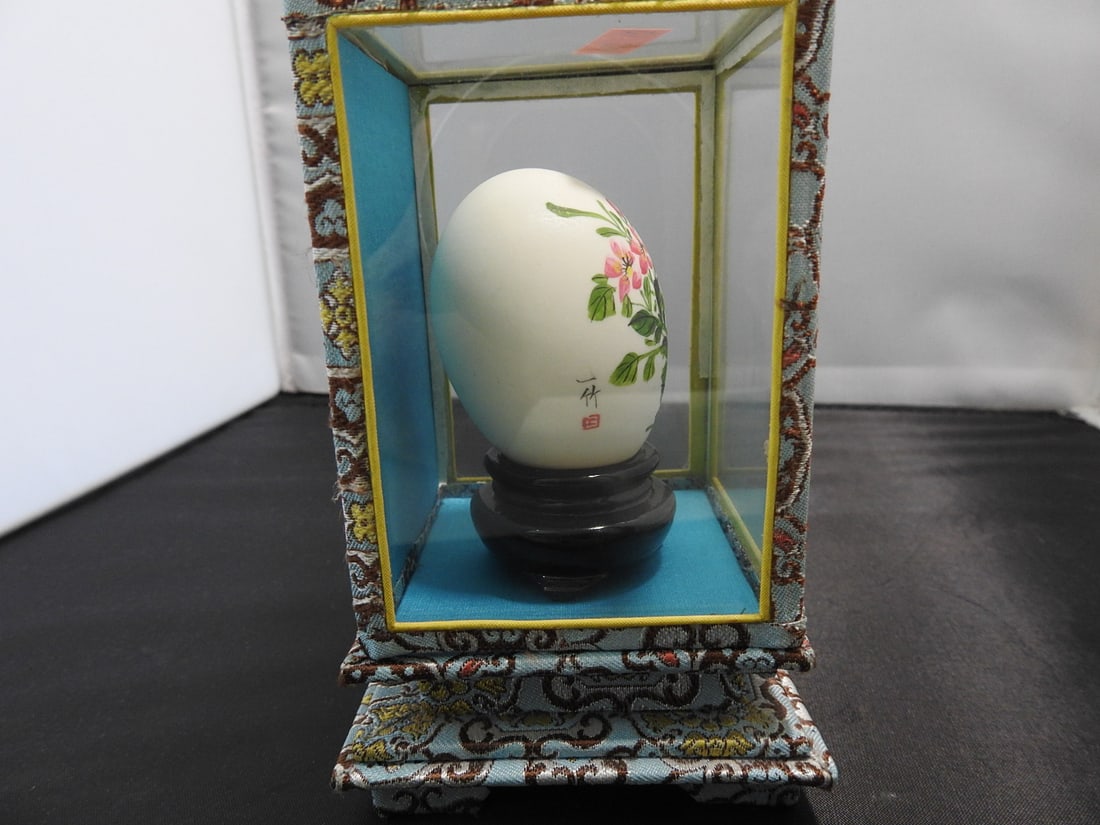Hand-Painted Japanese Egg in Glass Display Case - 5