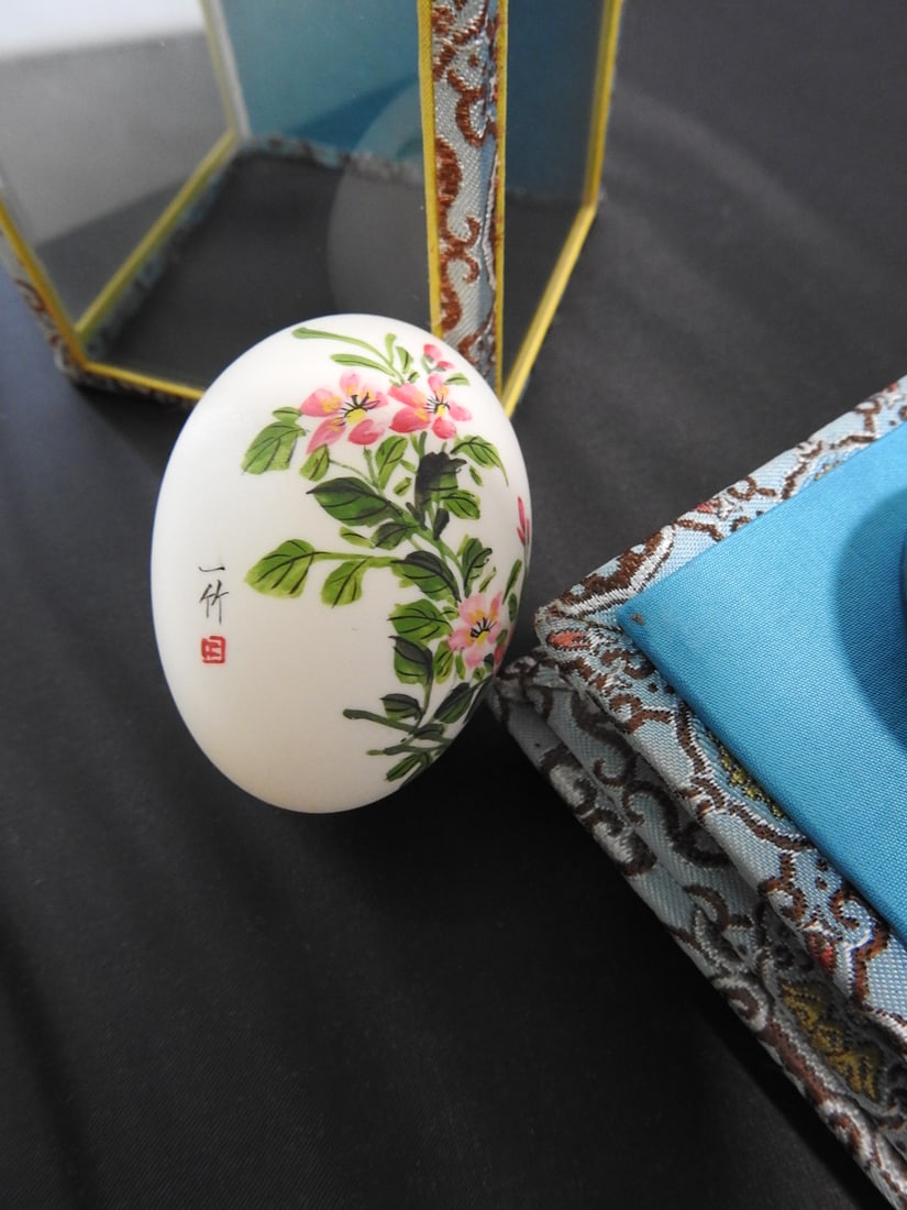 Hand-Painted Japanese Egg in Glass Display Case - 9