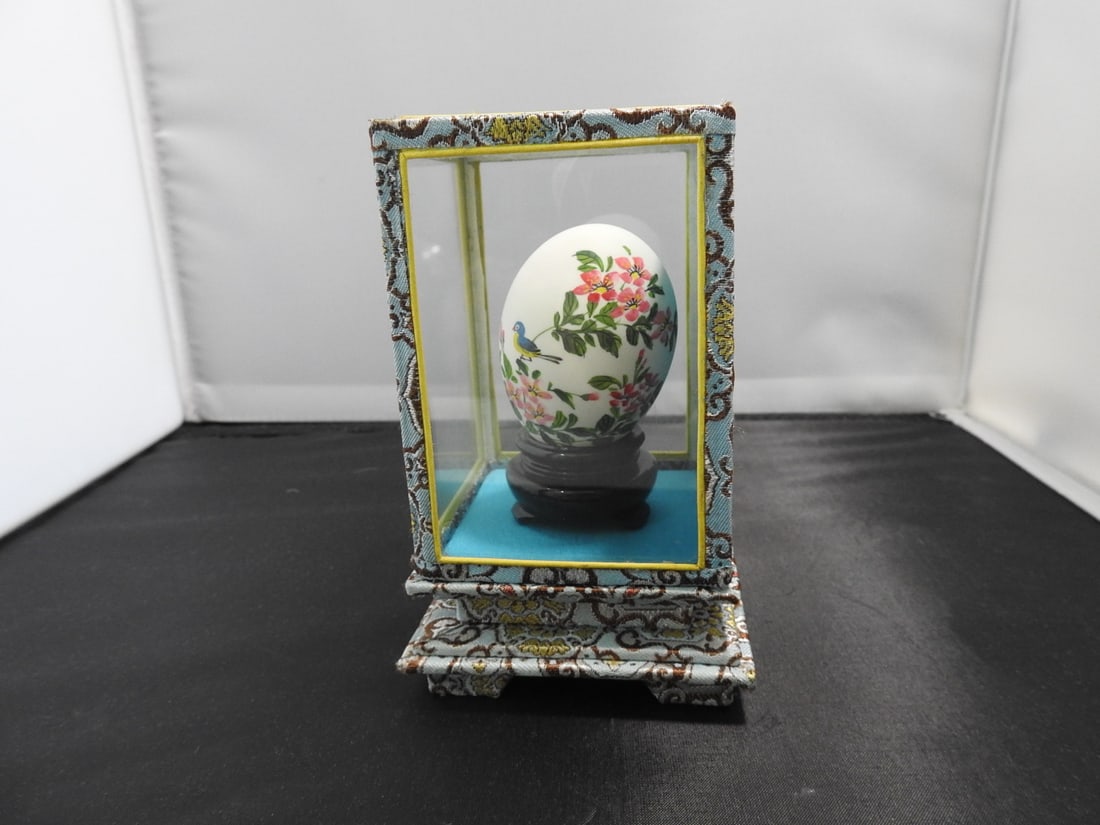 Hand-Painted Japanese Egg in Glass Display Case - 2