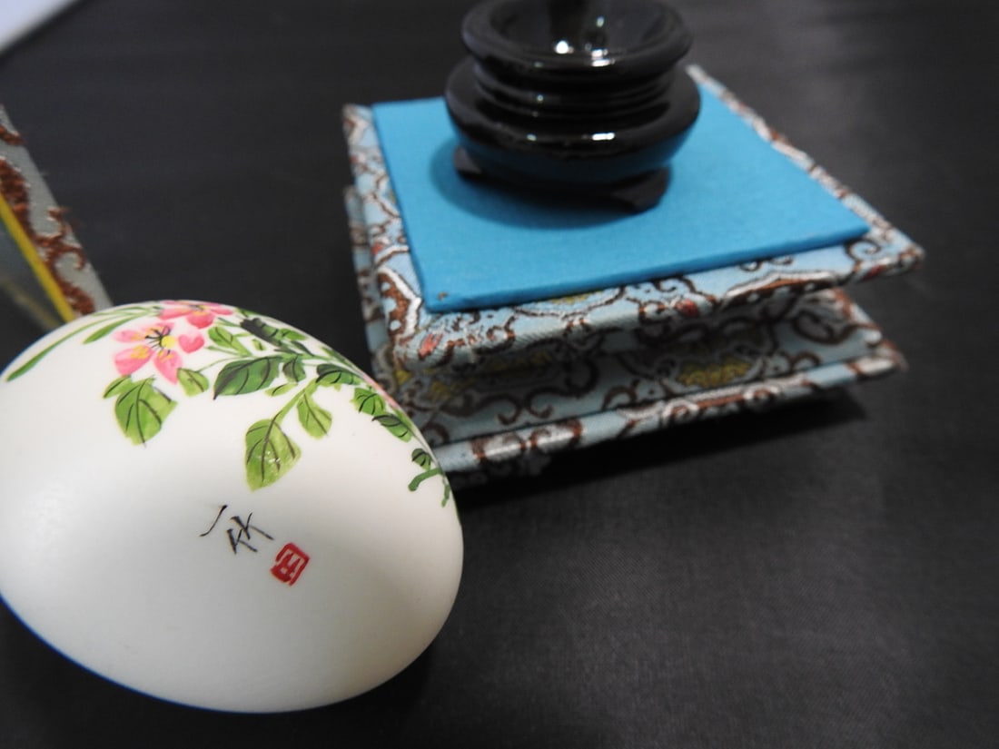 Hand-Painted Japanese Egg in Glass Display Case - 3