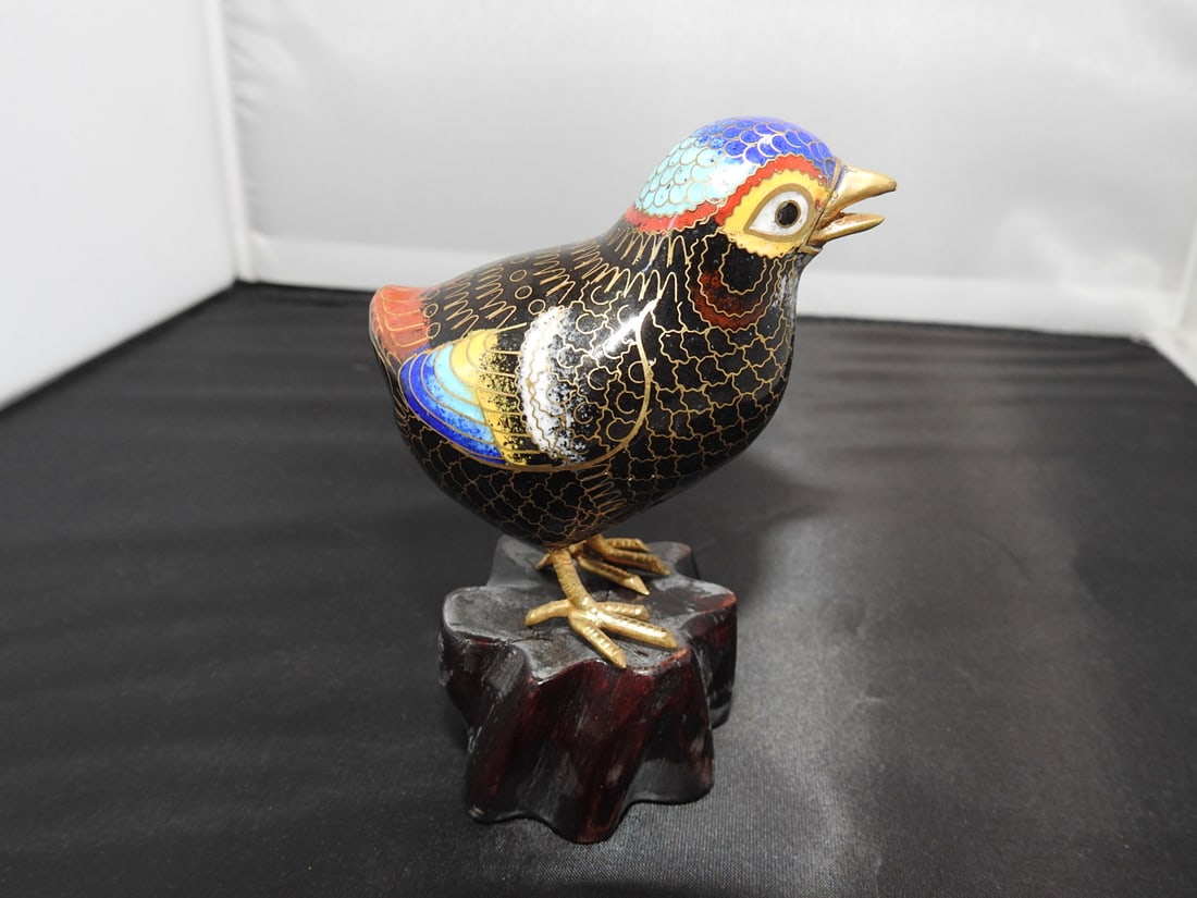 Chinese Cloisonne Bird on Wood Base - 2