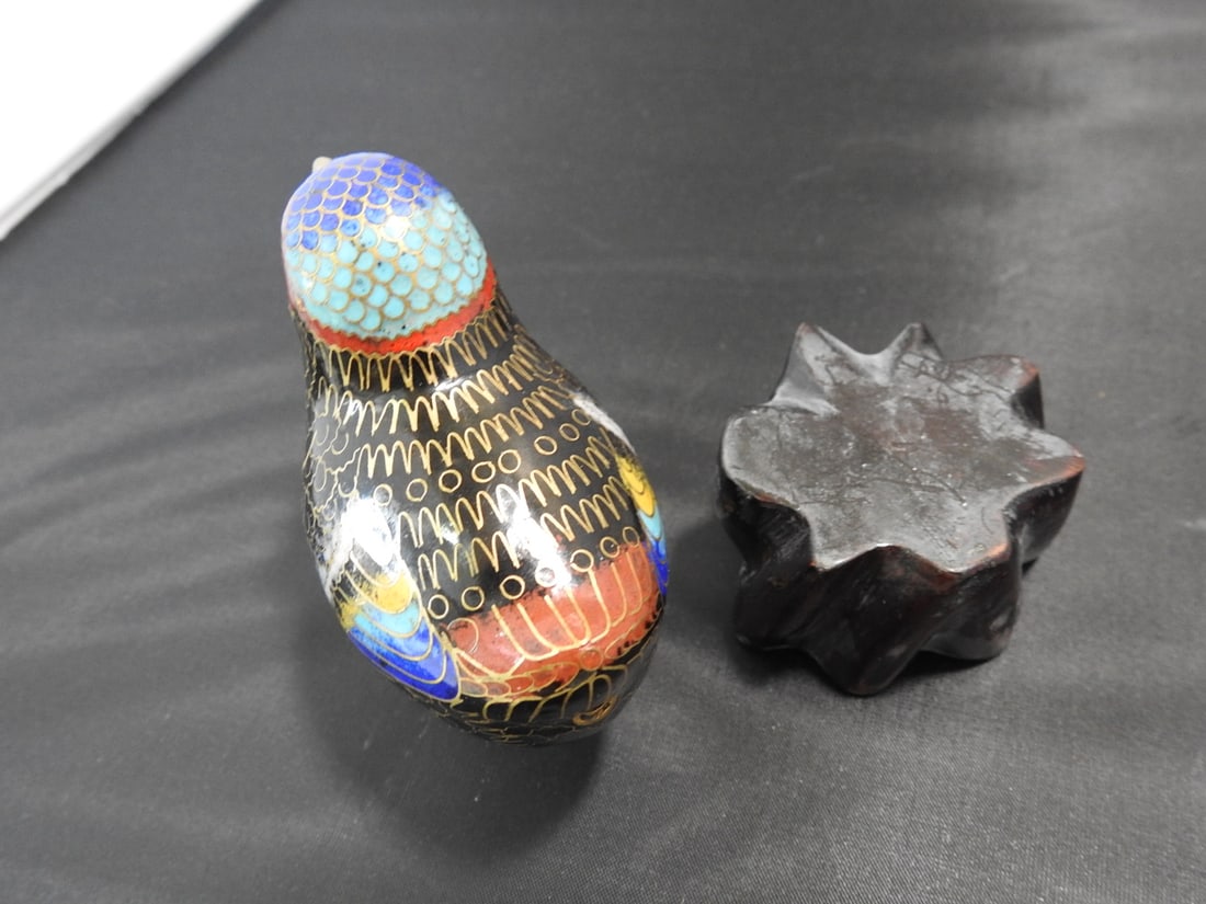 Chinese Cloisonne Bird on Wood Base - 3