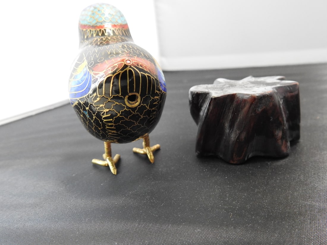 Chinese Cloisonne Bird on Wood Base - 4