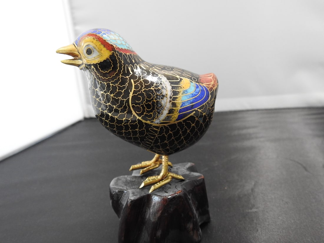 Chinese Cloisonne Bird on Wood Base - 5