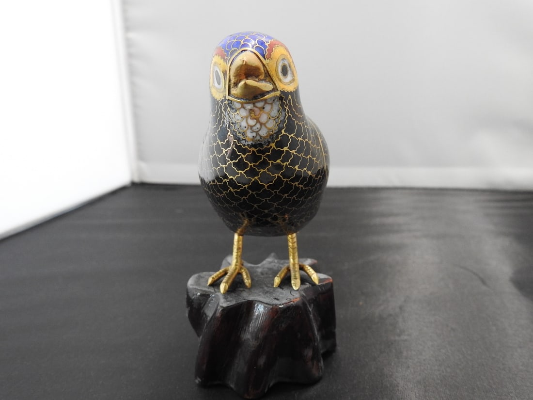 Chinese Cloisonne Bird on Wood Base - 6