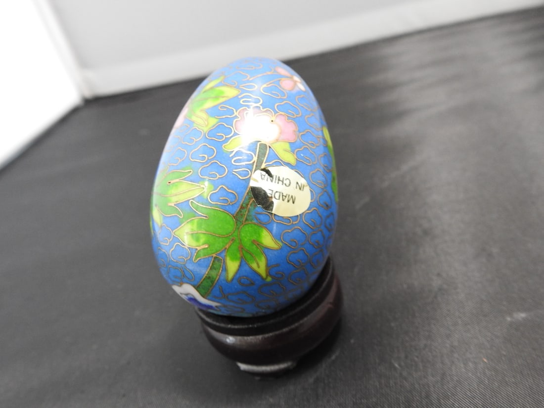 Vintage Chinese Cloisonne Egg on Wood Base - 2
