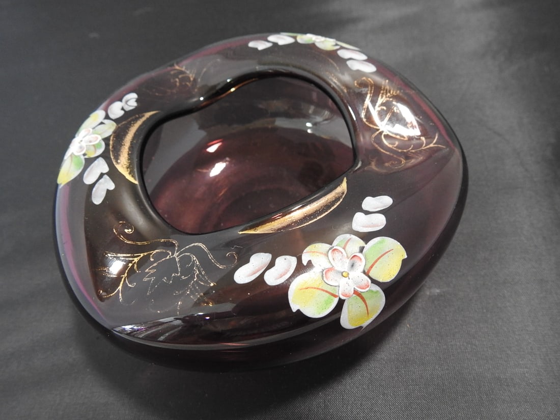 Vintage Amethyst Glass Rose Bowl: Vintage amethyst glass rose bowl with hand-painted gold accents and signs of age and wear. Approx. 2.5 x 5 x 5 in.