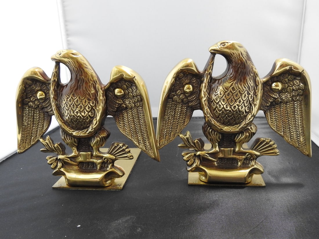 Baldwin Solid Brass American Eagle Bookends: Solid brass American eagle bookends by Baldwin, forged in America. Approx. 5.5 x 6 x 5 in.