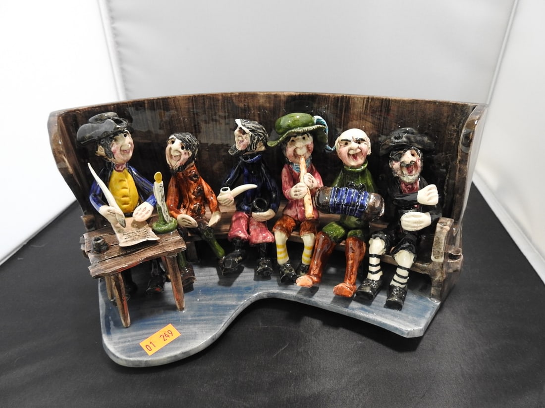 English Pottery Folk Art Pub Scene: English pottery folk art pub scene referencing the Devon folk song “Widecombe Fair.” Approx. 5 x 10.25 x 5 in.