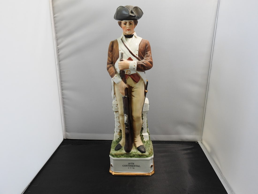 Arnart Continental Soldier Porcelain Figure: Porcelain Continental soldier figure by Arnart Imports Inc. in partnership with Grenadier Spirits Co. , copyright 1970, marked “18th Continental 1778. ” Approx. 14.25 x 4.25 x 3.5 in.