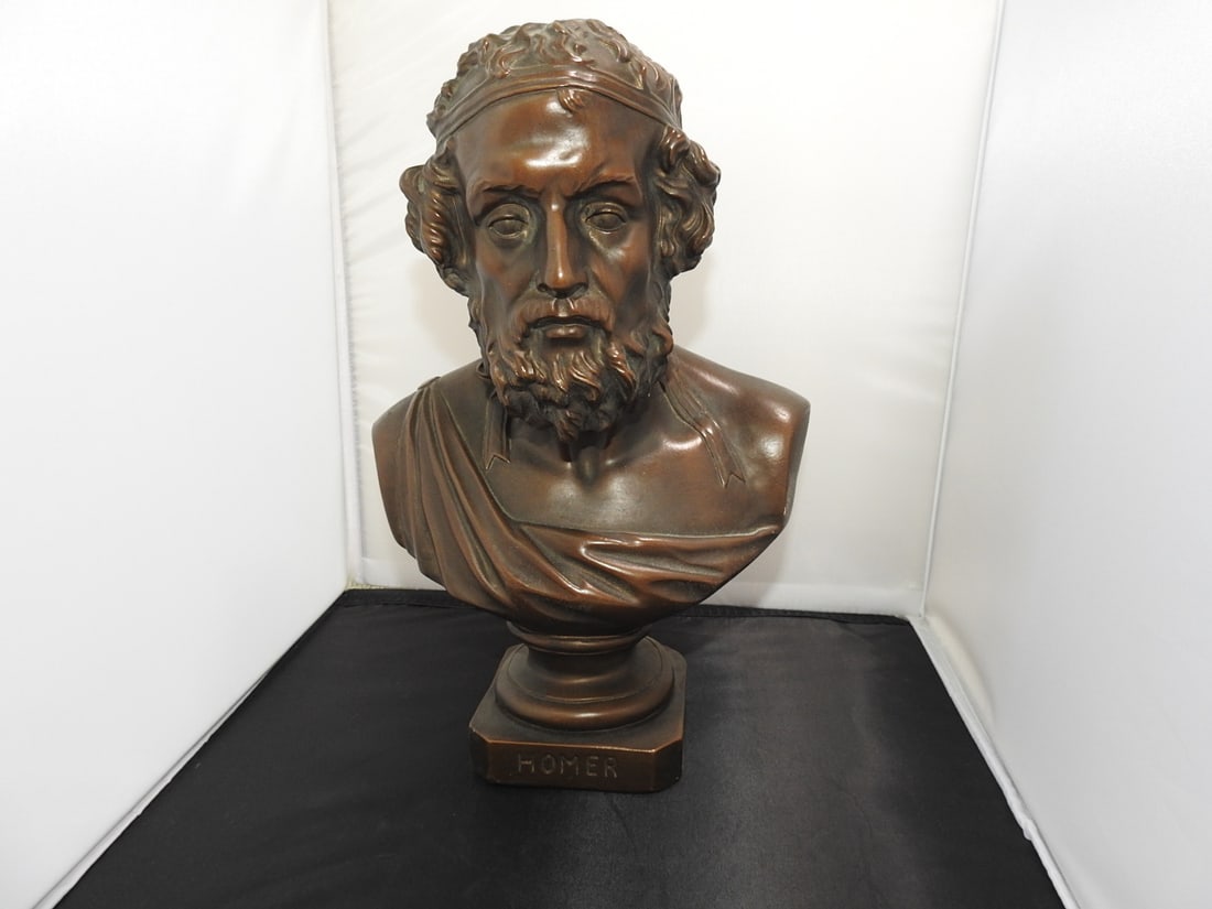 Faux Bronze Ceramic Homer Head Bust: Ceramic Homer head bust with faux bronze finish and minor signs of wear. Approx. 14 x 10 x 6.5 in.
