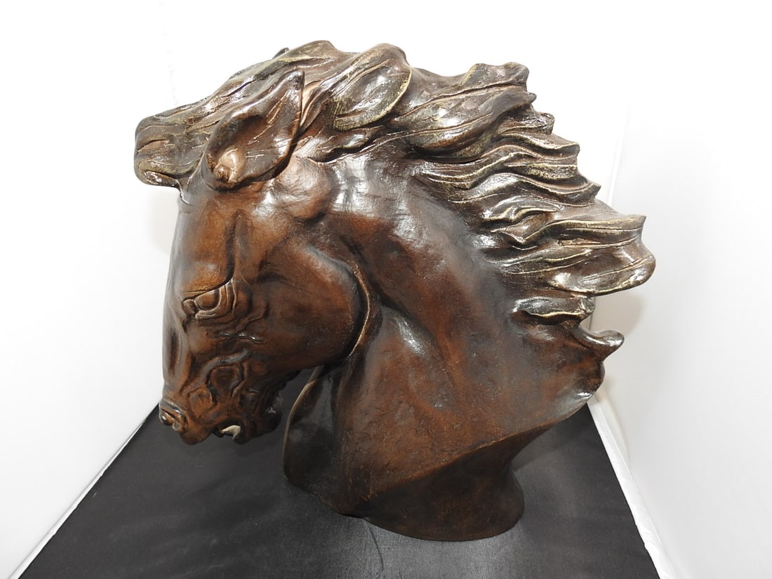 Austin “Flaming Mane?? Horse Sculpture by J. Spratt: Austin Productions style “Flaming Mane” faux bronze horse sculpture, signed J. Spratt, copyright 1978. Approx. 12.5 x 5.5 x 13 in.
