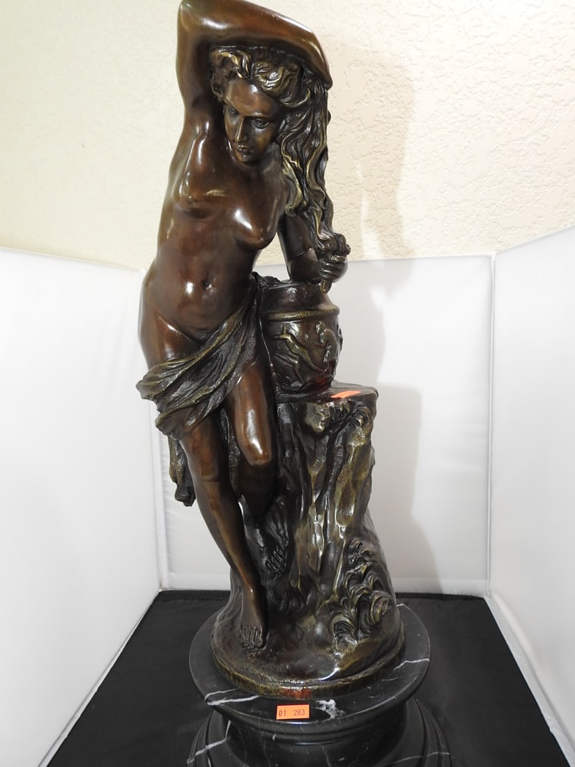Bronze Bathing Woman Statue: Bronze Bathing Woman Statue. Signed by Louis, Black Marble base Approx. 20 x 8 x 8 in.