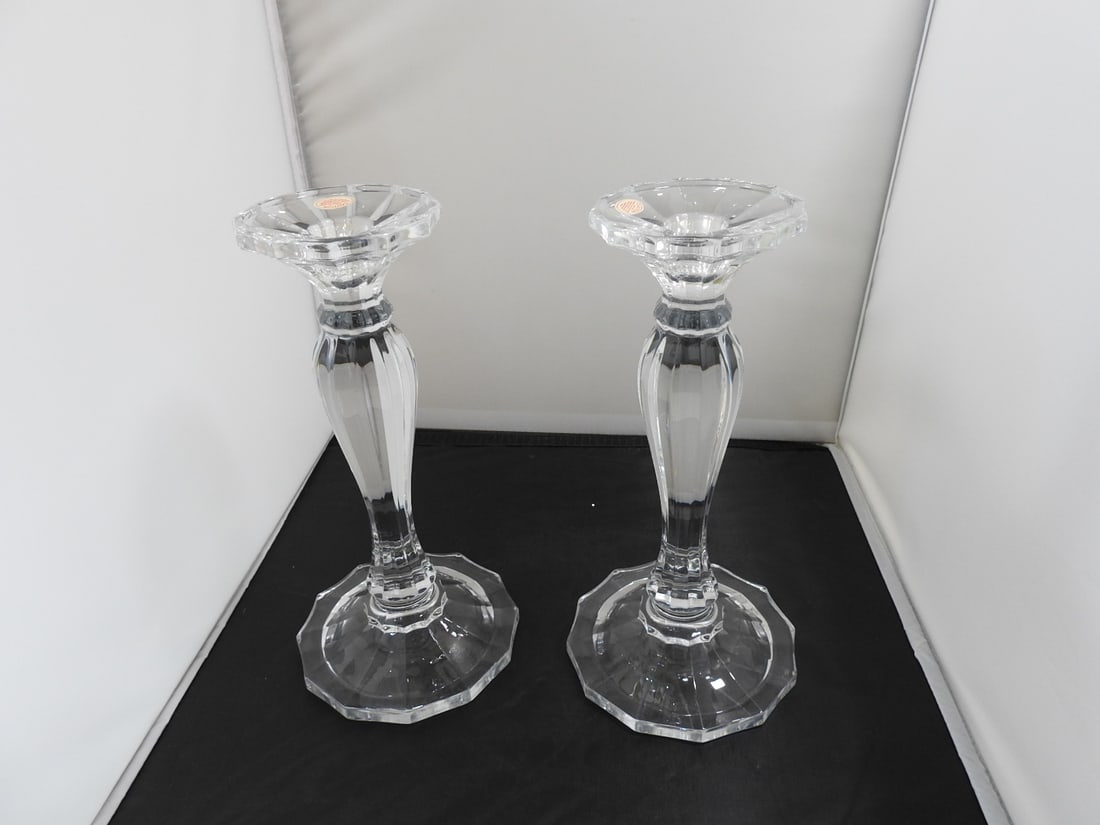 Pair of Lead Crystal Pedestal Candlesticks: Pair of Lead Crystal Pedestal Candlesticks. Wide-Rim Wax Pool plate Approx. 10.5 x 5 x 10 in.