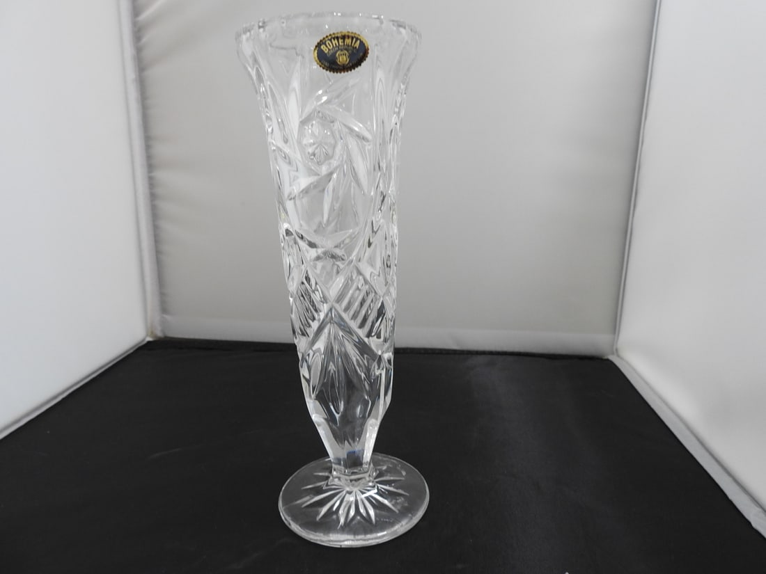 Lead Crystal Tall Bud Vase: Lead Crystal Tall Bud Vase. Bohemia Czech Republic 24% Lead Approx. 8.5 x 3 x 3 in.
