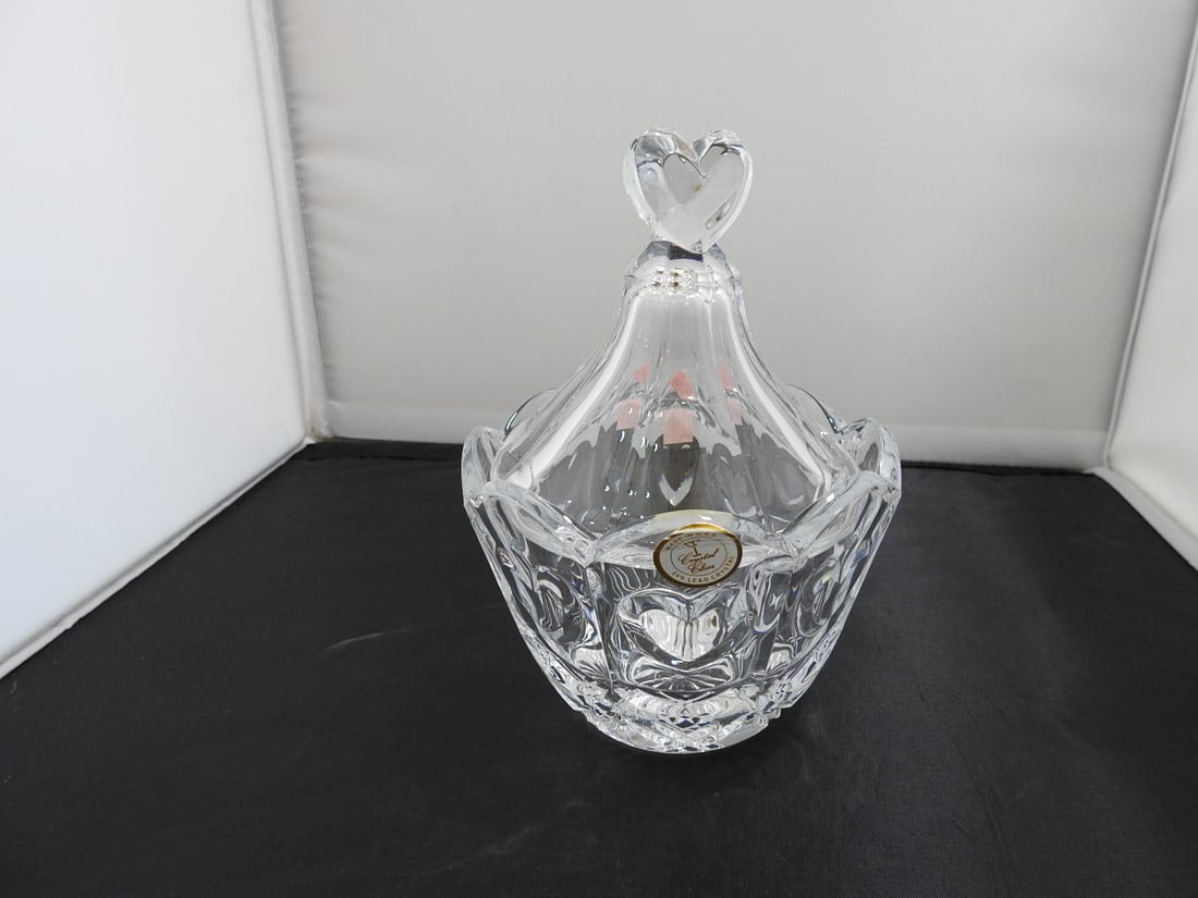 Lead Crystal Heart Covered Candy Dish: Lead Crystal Heart Covered Candy Dish. By Crystal Clear, 24% lead Approx. 6.5 x 5 x 5 in.