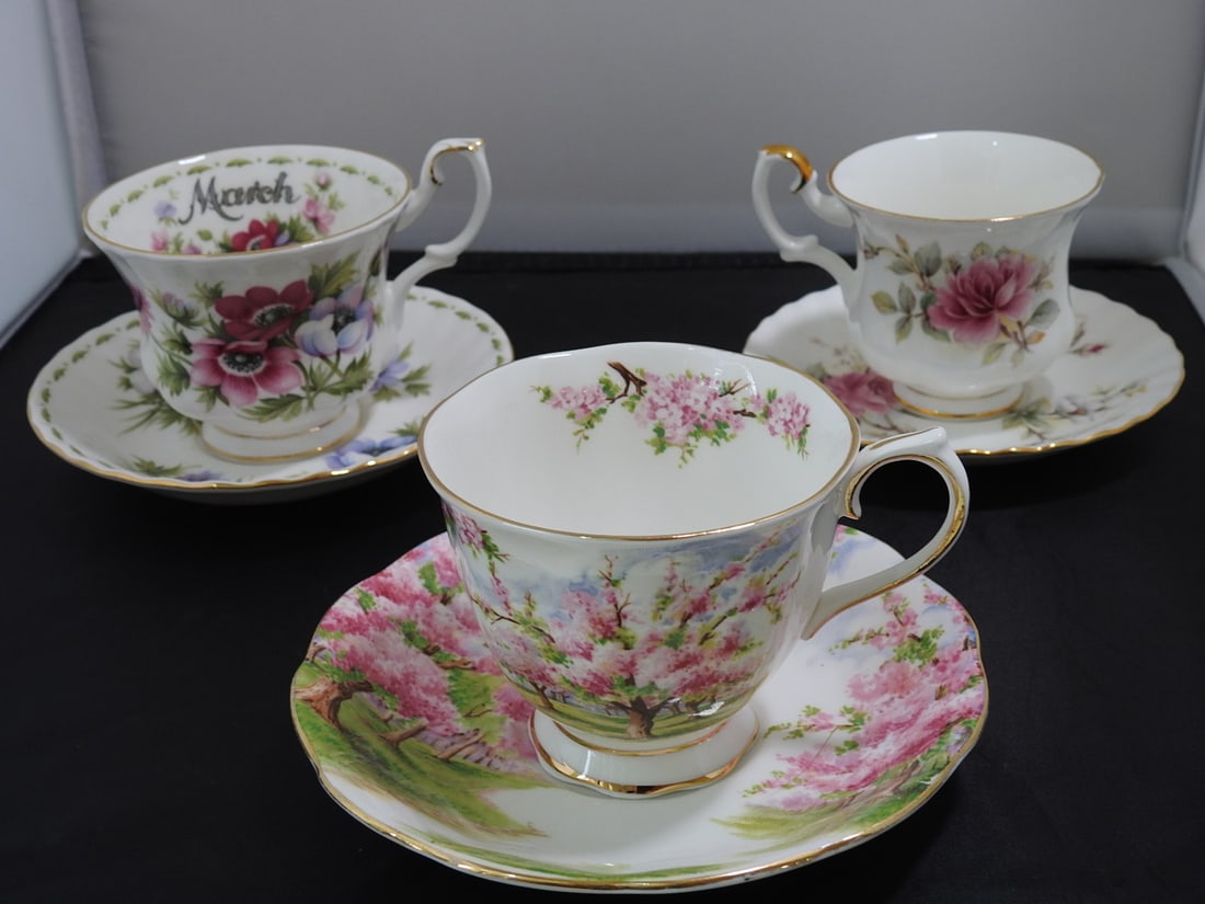 Set of 3 Vintage Bone China Teacup and Saucers: Set of three vintage bone china teacups and saucers with matching patterns; see photos for individual designs. Measured as packed. Approx. 10 x 6 x 6 in.