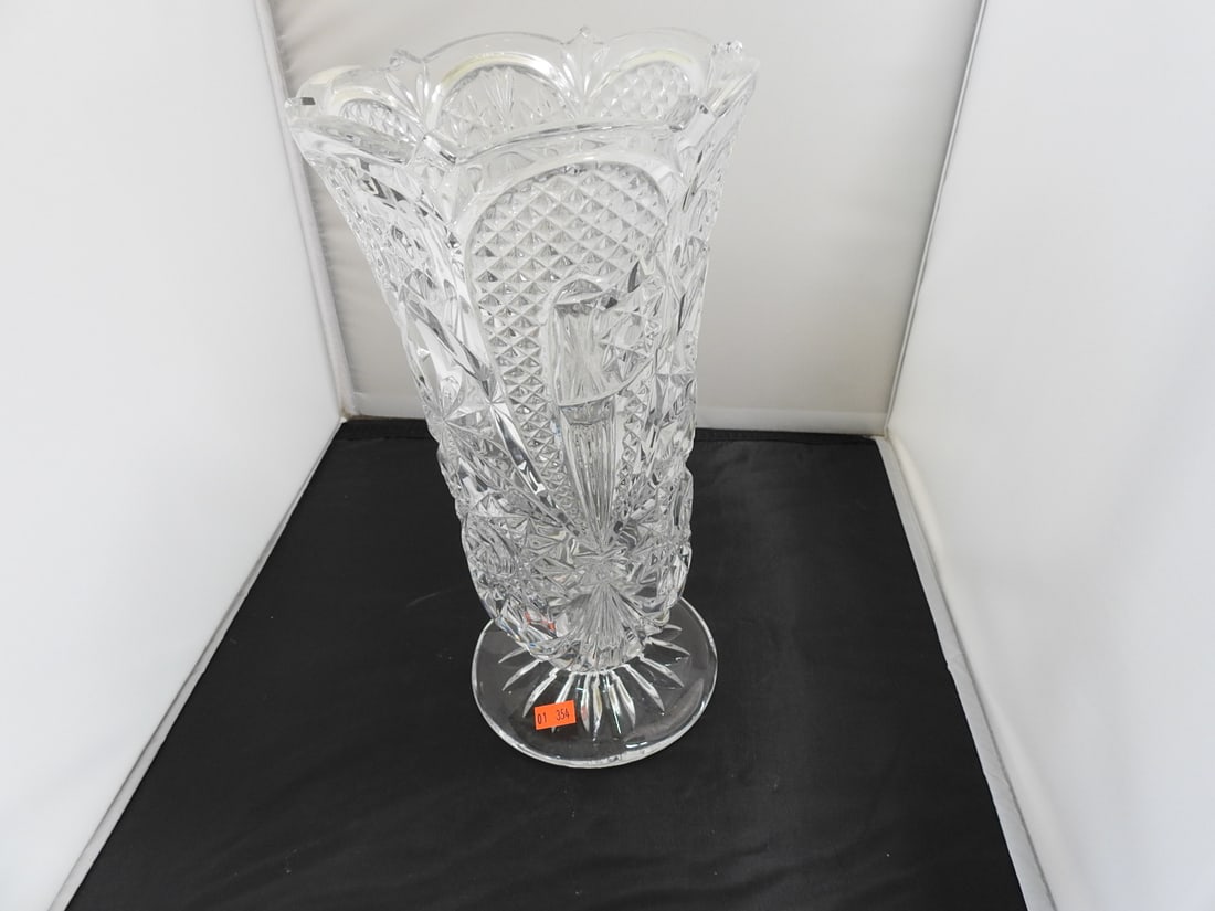 lead crystal footed flute vase: lead crystal footed flute vase. Bohemia Czech Republic 24% Lead Approx. 12 x 6.5 x 6.5 in.