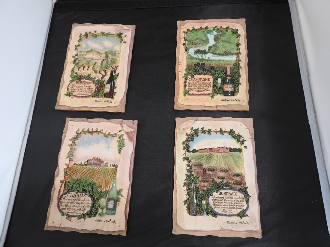 Set of 4 French Country Wall Plaques: Set of 4 French Country Wall Plaques. See photos for more details a pic of vineyard each photos Approx. 6 x 4.5 x 2 in.
