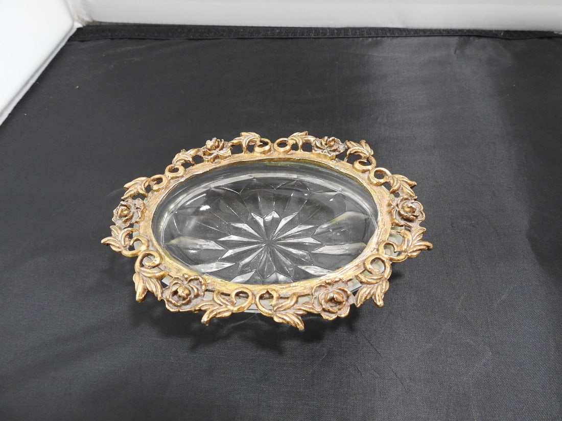 Antique Metal and Glass Soap Tray: Antique Metal and Glass Soap Tray. With Rose and Leaf, gold Gilt Approx. 1.5 x 5.5 x 4.5 in.