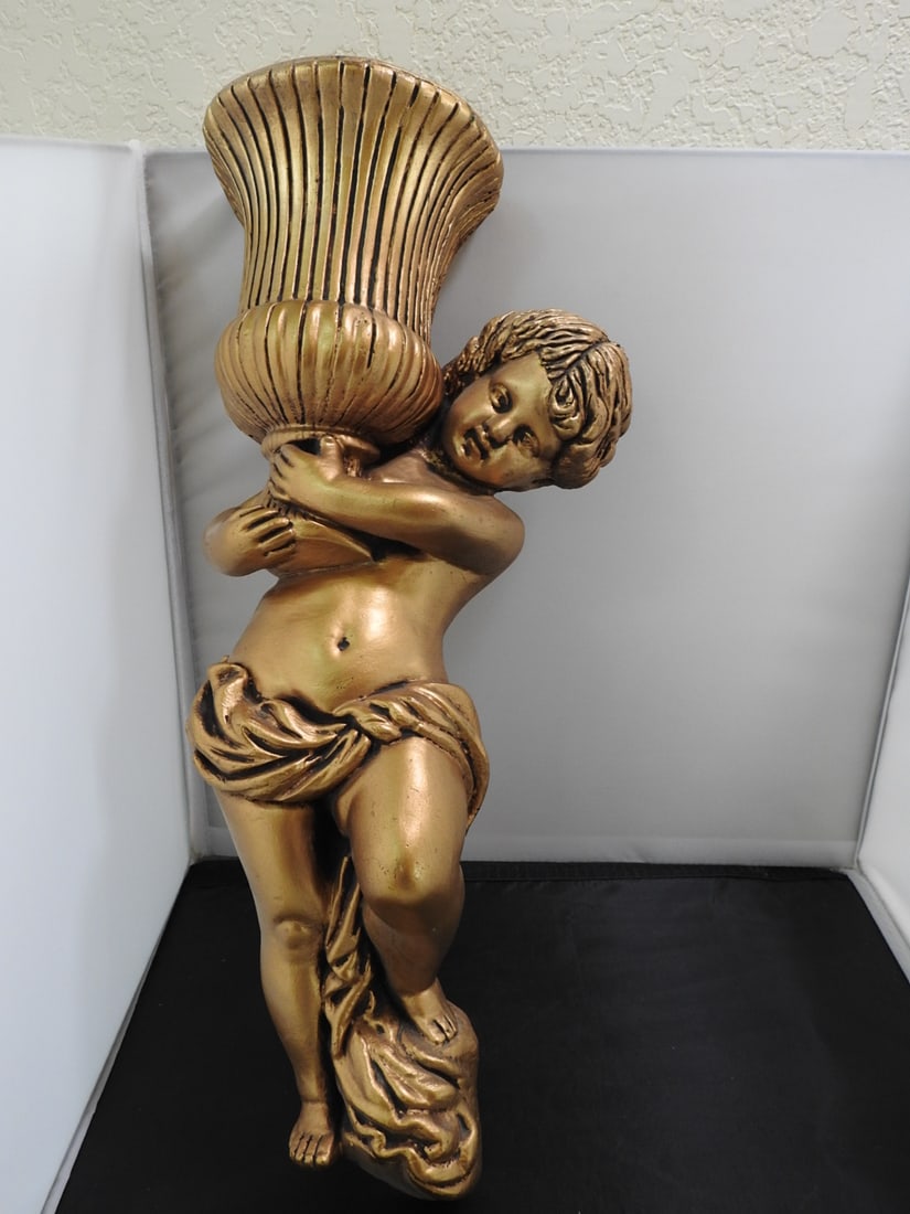 Antiqued Gold Cupid Wall Vase Decor: Antiqued Gold Cupid Wall Vase Decor. Hllow resin, Approx. 18 x 8 x 4.5 in.