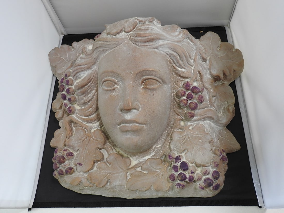 Art Nouveau Style Wine Goddess Wall Plaque: Art Nouveau Style Wine Goddess Wall Plaque. hand-painted, faux oxidation, Hard Plaster Approx. 13 x 17 x 6.5 in.
