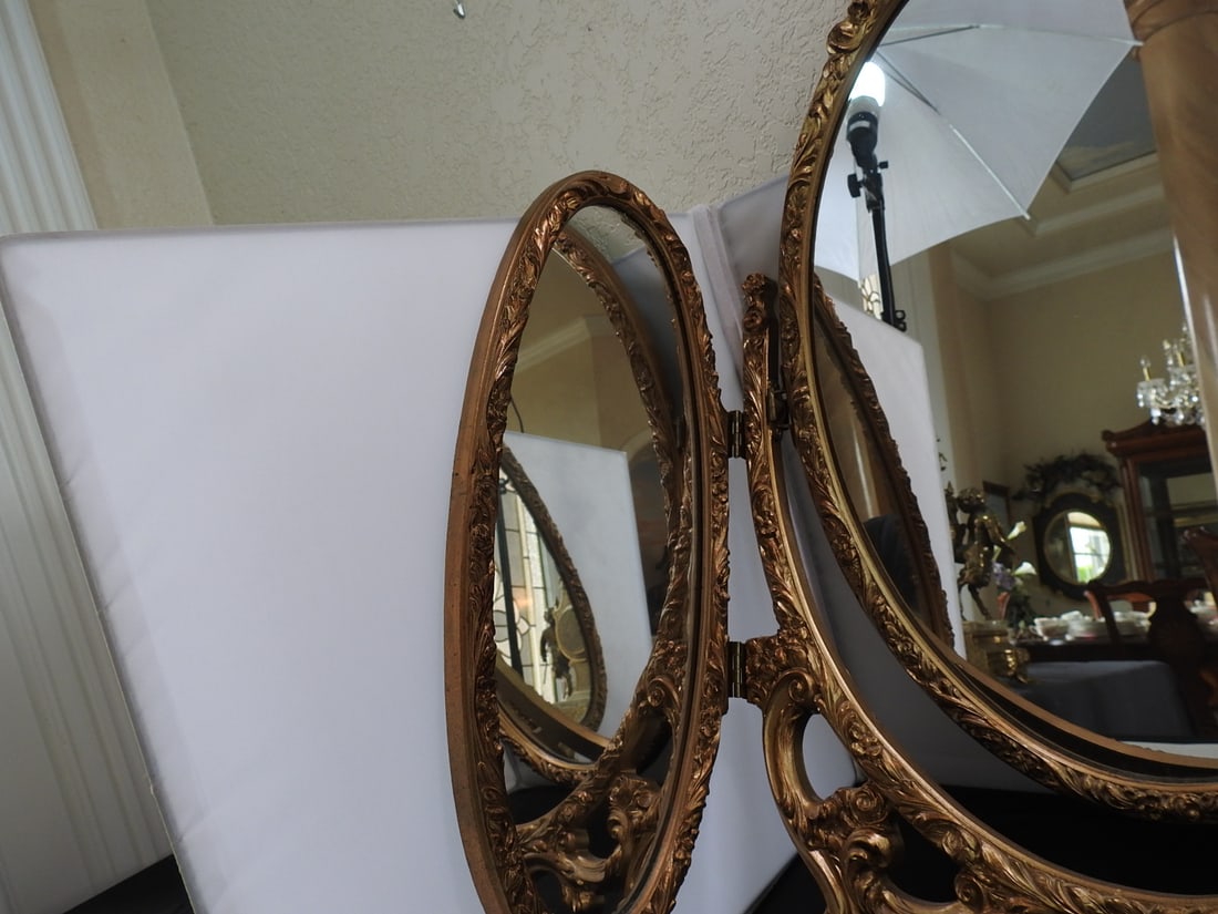 Vintage Antiqued Gold Tri-Fold Mirror - 2