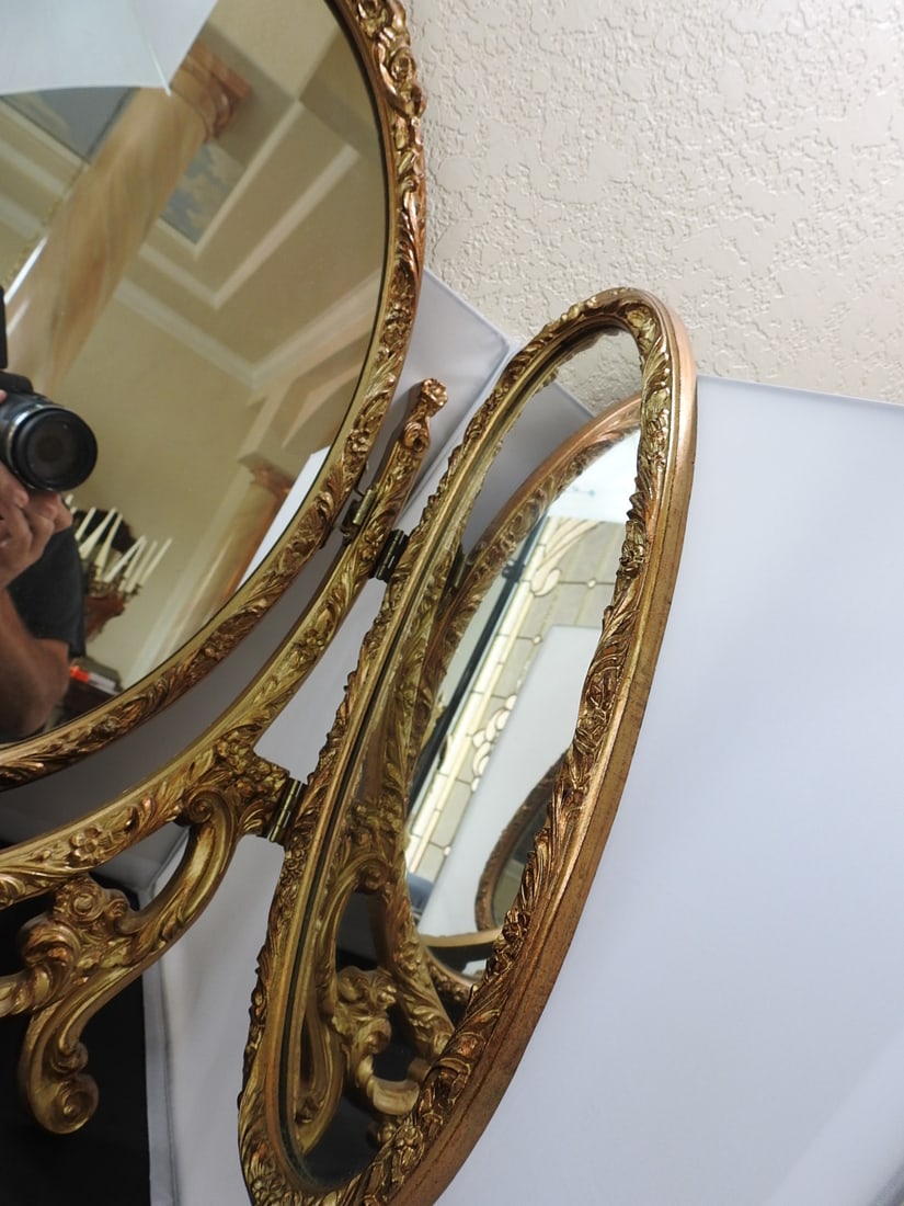 Vintage Antiqued Gold Tri-Fold Mirror - 3
