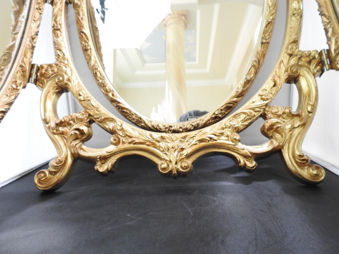 Vintage Antiqued Gold Tri-Fold Mirror - 4