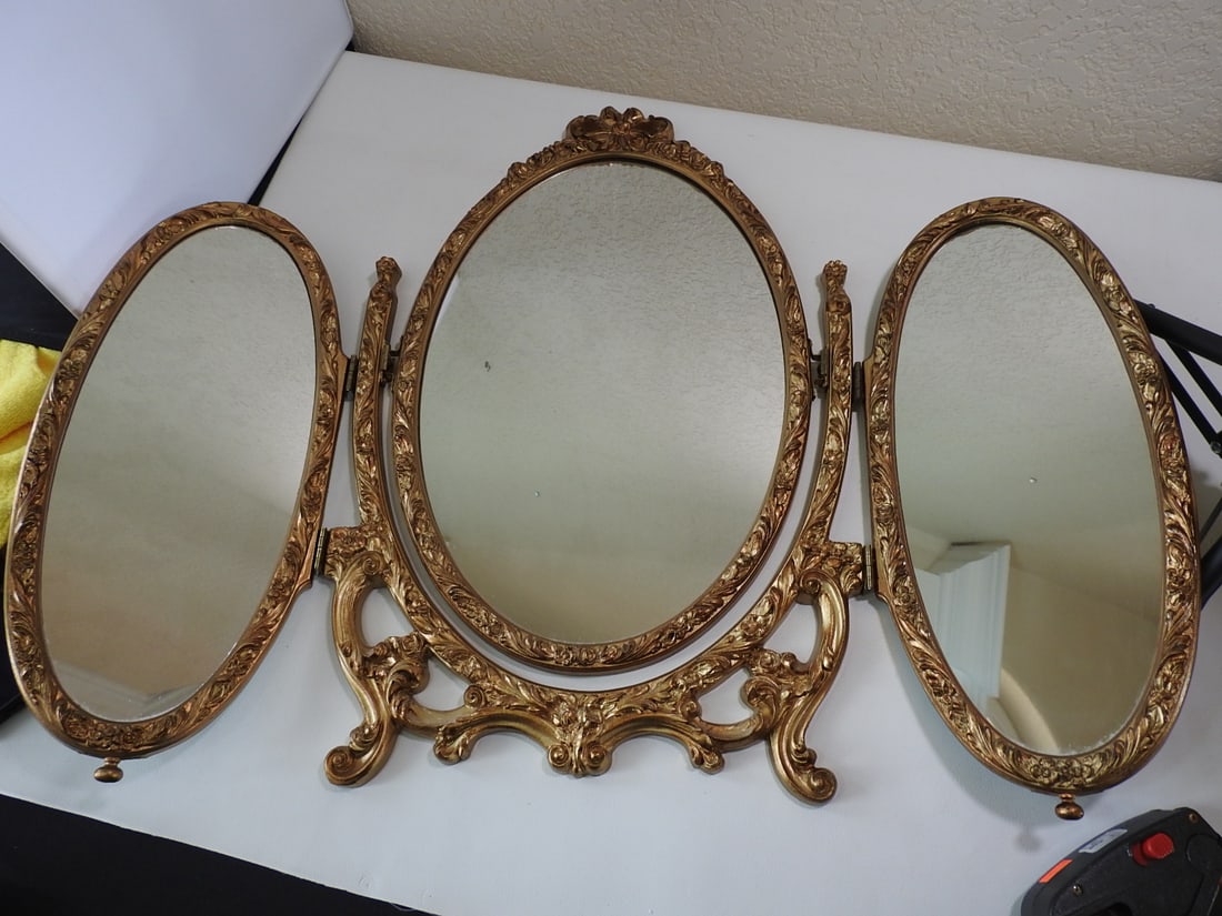 Vintage Antiqued Gold Tri-Fold Mirror - 5