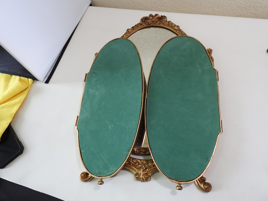 Vintage Antiqued Gold Tri-Fold Mirror - 6