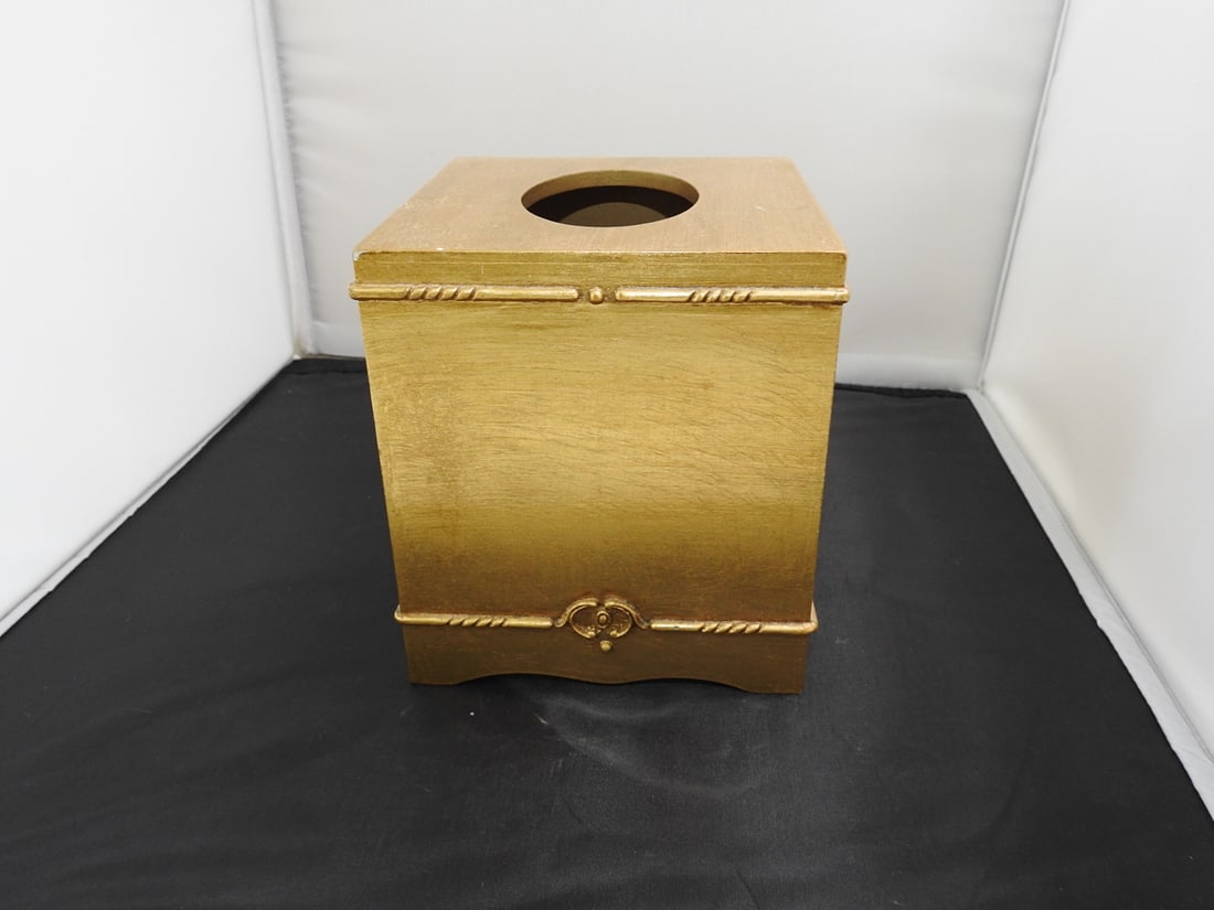 Gold Leaf Tissue Holder: Gold Leaf Tissue Holder. Made of hard plastic, Coated in genuine gold leaf, Approx. 6 x 6 x 5.5 in.