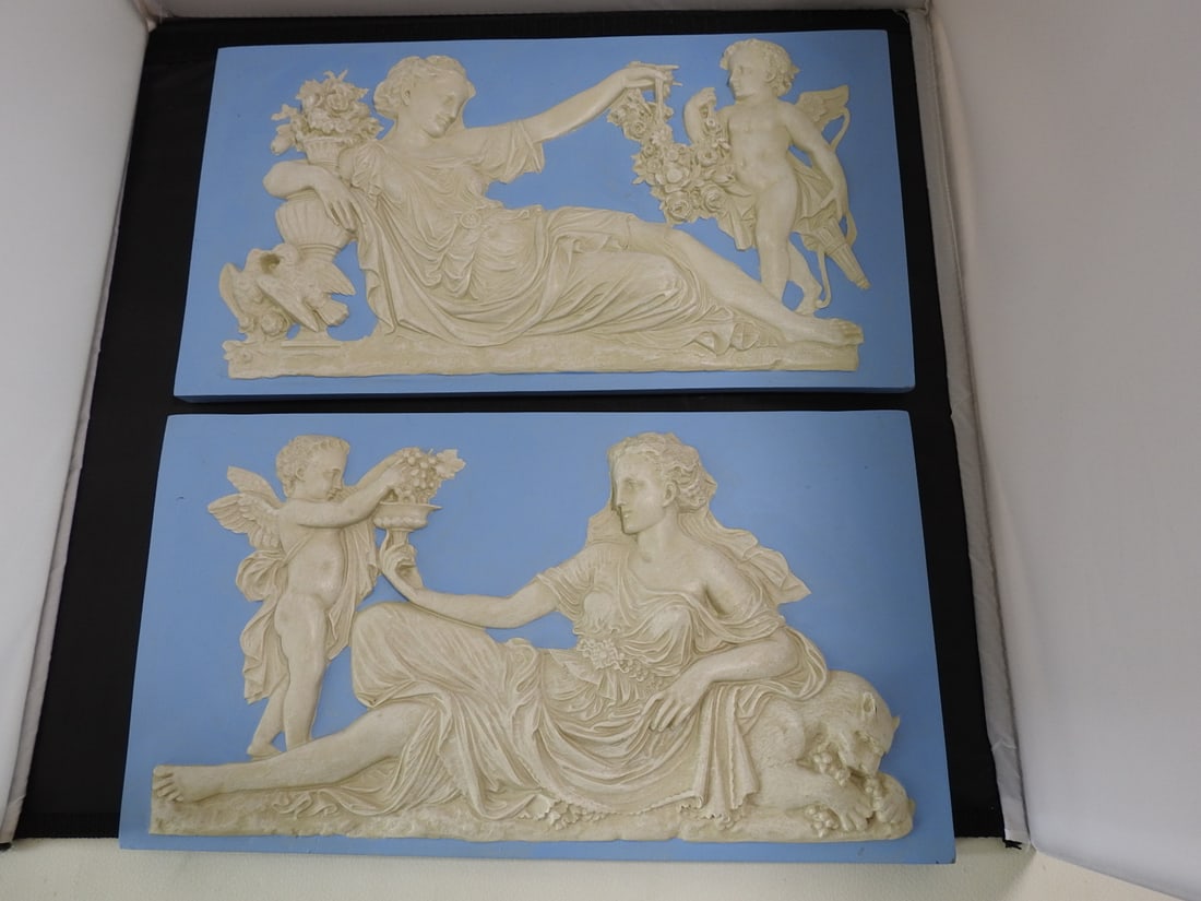 Pair of Neoclassical Decorative Wall Plaques: Pair of Neoclassical Decorative Wall Plaques. Toscano designs Approx. 7.5 x 13.5 x 2.5 in.