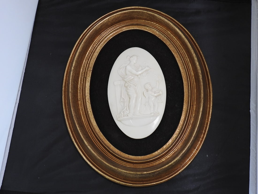 Vintage Victorian Style Relief Wall Plaque: Vintage Victorian Style Relief Wall Plaque. Depicts wedgewood jasperware style, made of resin, with dark brown velvet, By Burwood Products Company Approx. 13 x 10.5 x 2 in.