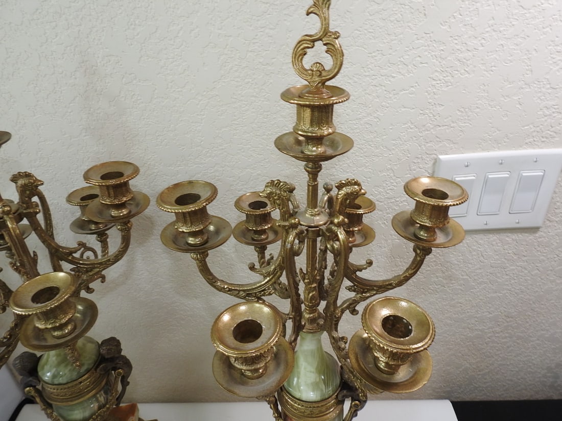 Pair of Monumental Italian Gilt Metal & Banded Onyx Seven-Light Candelabra - 11