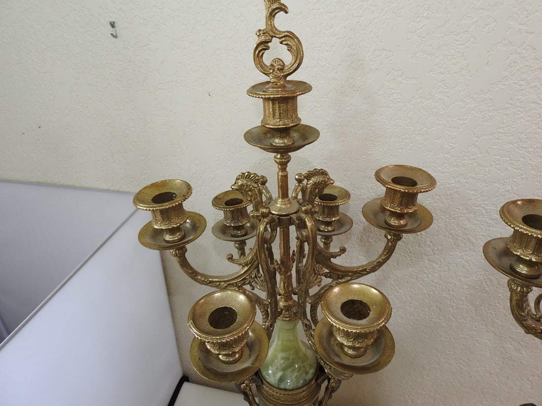 Pair of Monumental Italian Gilt Metal & Banded Onyx Seven-Light Candelabra - 12