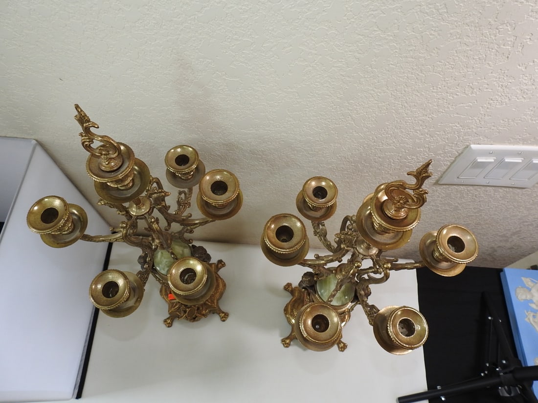 Pair of Monumental Italian Gilt Metal & Banded Onyx Seven-Light Candelabra - 13