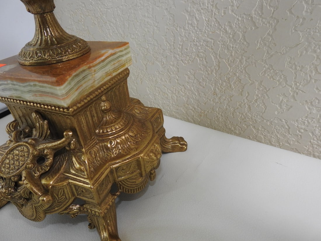 Pair of Monumental Italian Gilt Metal & Banded Onyx Seven-Light Candelabra - 14