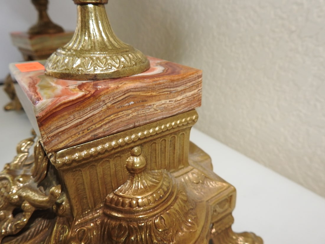 Pair of Monumental Italian Gilt Metal & Banded Onyx Seven-Light Candelabra - 17